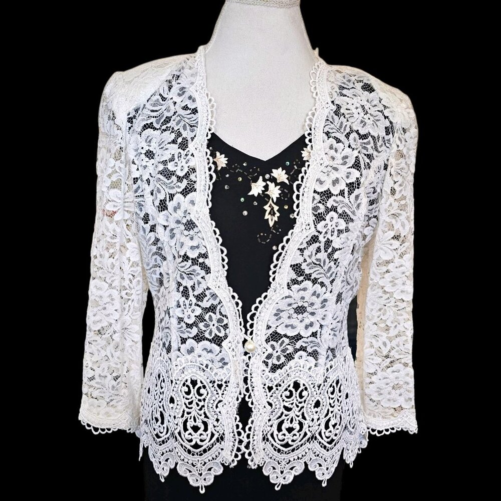 VTG Jessica McClintock Bridal White Lace Cardigan Jacket Sheer Sz M Cottagecore